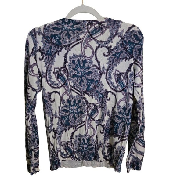Talbots Silk Blend Purple Teal Paisley Classic Crewneck Cardigan Sweater Size M - Picture 2 of 7